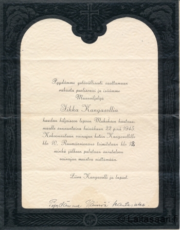 Hautajaiskutsu, Iikka Kangasolli (1945)
