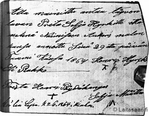 Hyrkin naimalupa vuodelta 1864