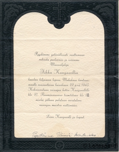 Hautajaiskutsu, Iikka Kangasolli (1945)