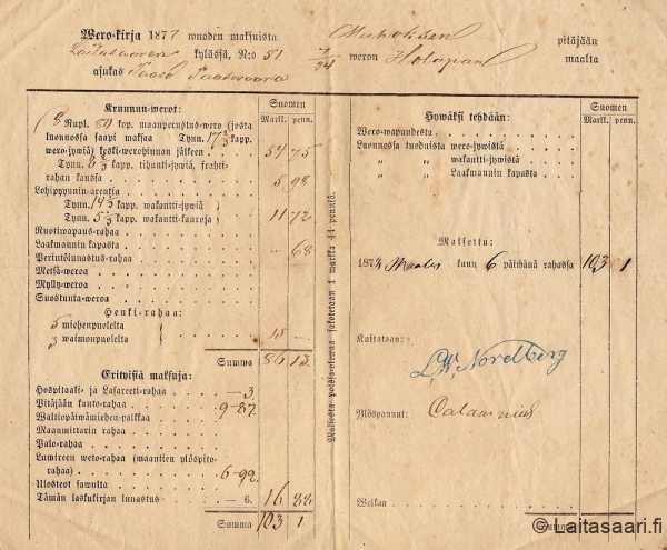 Holapan verolaskelma vuodelta 1877